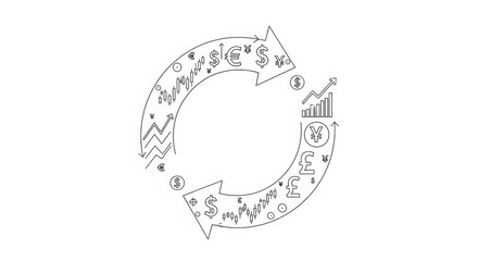 Illustrative representation of global financial market cycle with currency symbols and trading