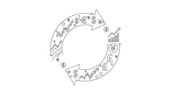 Illustrative representation of global financial market cycle with currency symbols and trading