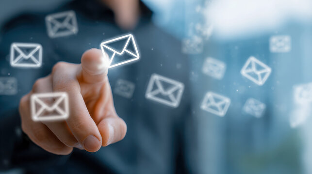 Businessman interacting with futuristic virtual email icons representing digital communication and message exchange in a modern technology concept environment