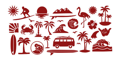 A tropical beach and surf-themed vector set with palm trees, waves, surfboards, a van, flamingos, and ocean elements in a bold black silhouette style. Perfect for t-shirt designs, and branding.