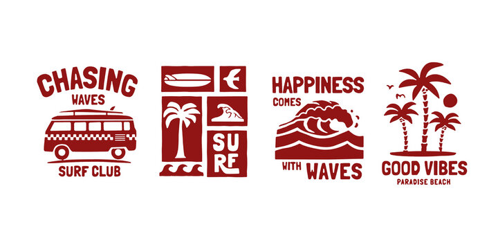 Vector graphic set with a tropical surf theme graphics. Perfect for t-shirt print, posters, and other surfing related designs.