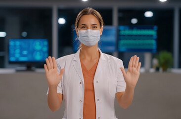 Female nurse with face mask raising hands after sanitizing them in hospital setting during night shift