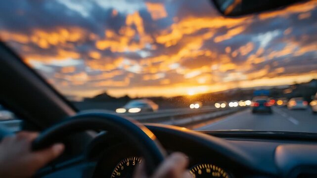 Driving scene with hands on wheel, highway fading into horizon, sunset illuminating clouds in fiery tones, vehicles moving in same lane, emphasizing journey and adventure
