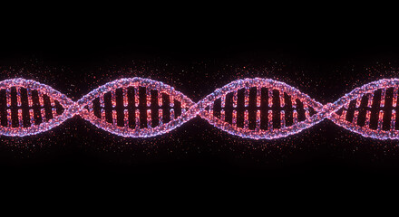 Pink and purple glowing D N A helix with particles