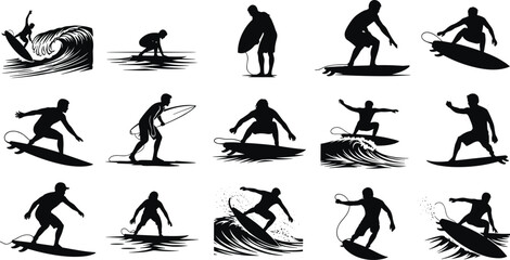 surfing, silhouette, wave, surfer, board, motion, posture, balance, ocean, ride, action, sport, beach, icon