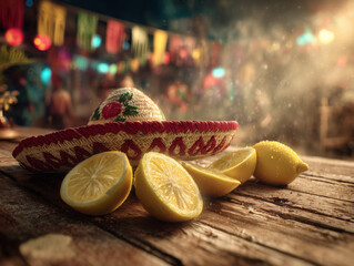 sombrero and lemons on rustic table at mexican fiesta
