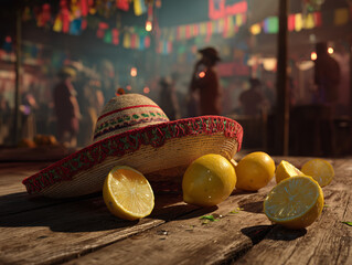 sombrero and lemons on rustic table at mexican fiesta
