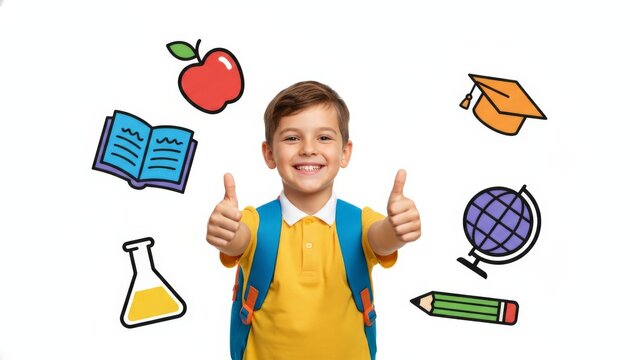 Young smiling schoolboy wearing a backpack and yellow polo shirt, giving thumbs up while surrounded by various education related doodles and school supplies