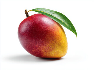 ripe tropical mango with green leaf on white background
