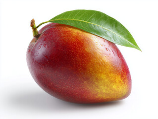 ripe tropical mango with green leaf on white background
