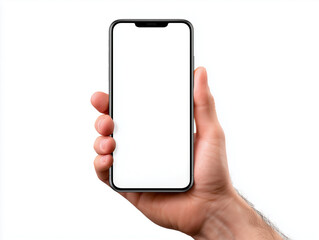 hand holding smartphone with blank white screen mockup
