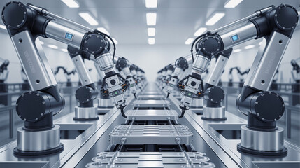 Robotic arms working on an assembly line in a modern manufacturing facility