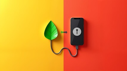 An overhead view of a smart phone charging on a red and yellow wall.