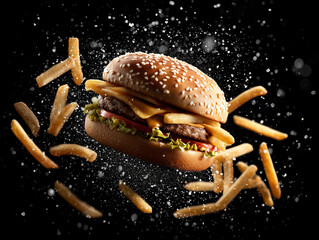 flying cheeseburger with crispy fries and salt splash
