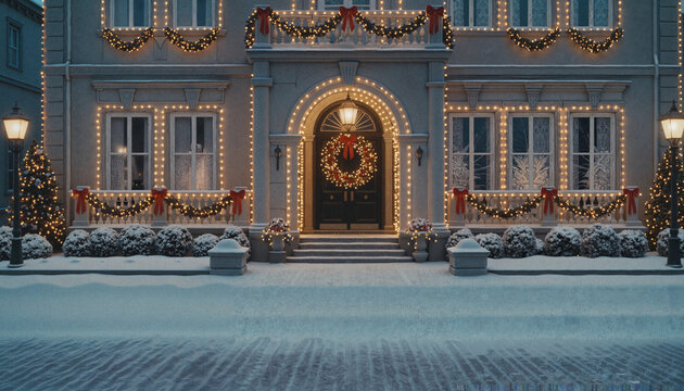 Festively decorated house with Christmas lights and wreaths in a snowy winter setting