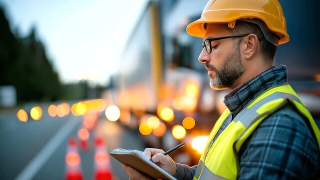 Man in protective vest inspects semi-truck trailer reversing, inspector holds notebook, road safety, logistic transportation concept, hard hat, glasses, traffic cones, safety, cont
