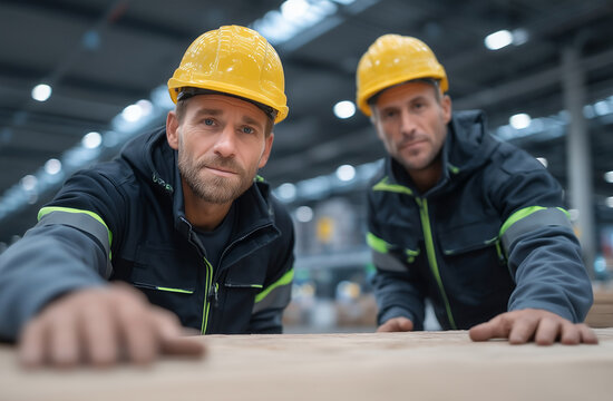 Construction inspector analyzing plywood wall at sunset on elevated jobsite above suburban houses