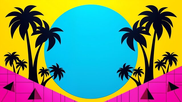 An abstract painting of palm trees against a bright blue sky.