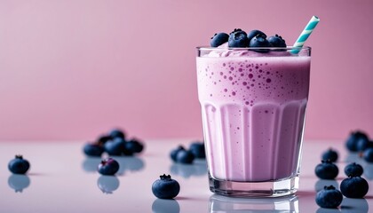 Blueberry milkshake topped with fresh blueberries and a straw on a soft pastel background