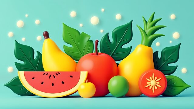 An animated rendering of a watermelon, apple, pineapple, and tomato.