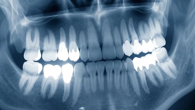 Dental panoramic X-ray animation showing teeth highlighting process
