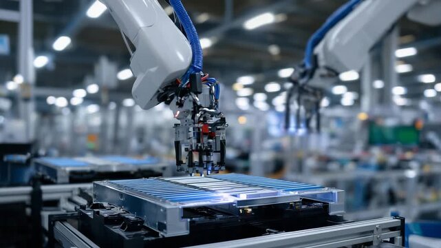 High-detail macro view of EV battery cells, robotic manipulators positioning cells precisely, metallic surfaces reflecting soft factory light, industrial setting in background