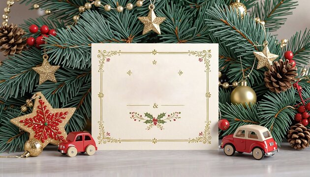 Christmas greeting card with noble fir branches and festive decorations, featuring copy space