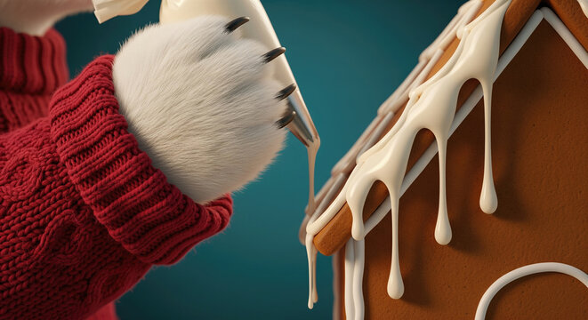 Close-up of an anthropomorphic paw in a red sweater decorating a gingerbread house with white icing from a piping bag