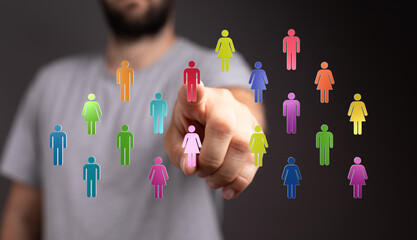 Concept of recruitment, human resources, or teamwork using a digital interface, representing a selection process. Diversity in the team.