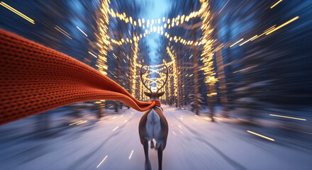 Magical christmas scene of a reindeer with an orange scarf running fast through a snowy forest with glowing lights
