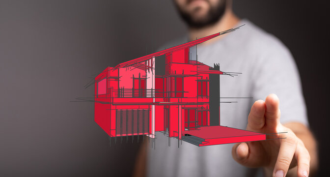 Architect presenting modern red house model, representing real estate, construction and dream home concept. Ideal for design, planning, and mort