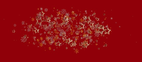 Christmas decoration of golden stars and snowflakes on a festive red backdrop. Ideal for seasonal greetings and holiday designs. © vegefox.com