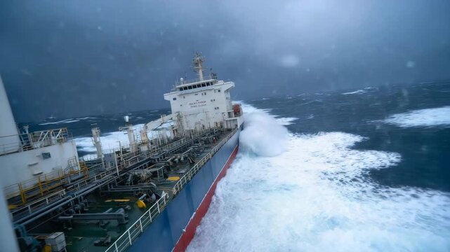 Huge storm waves collide with the side of a fuel tanker, spray bursting upward in sheets of white foam, dark gray sea stretching into the horizon beneath rolling thunderclouds
