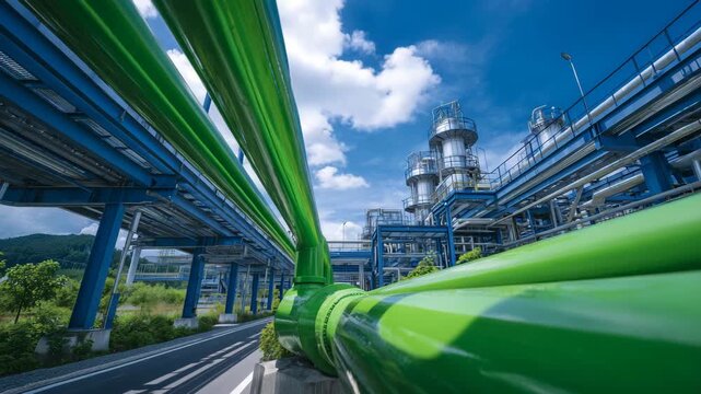Industrial green hydrogen pipeline running above ground, angled shot emphasizing length and scale, green metallic surface contrasted against steel structures and clear sky