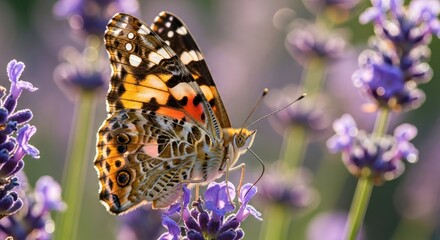 Painted Lady Butterfly Sipping Nectar from Lavender Flowers in a Serene Garden Setting