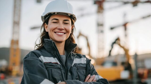 Inspirational portrait of Asian woman engineer on construction site, white helmet shining under late afternoon sun, cranes and half-built towers surrounding her as she looks forwar