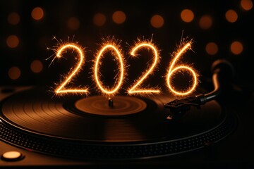 2026 glowing sparkler numbers above vinyl record turntable in dark club lights. New Year party, dj event and festive nightlife celebration
