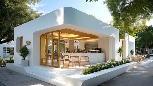 Minimalist coffee shop exterior in bright daylight, sleek uncluttered design, contemporary furniture, inviting, tranquil atmosphere with elegant stylish sunlit decor, roomy neat re