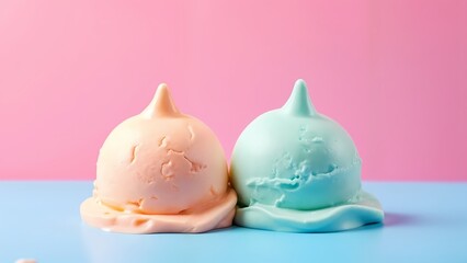 Two scoops of ice cream sitting on top of a blue table.