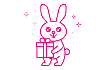 Cheerful rabbit character holds a gift box with pink outline and cute expressions