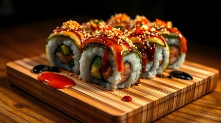 Fresh Japanese salmon sushi rolls, a gourmet seafood meal or appetizer on a white plate.	