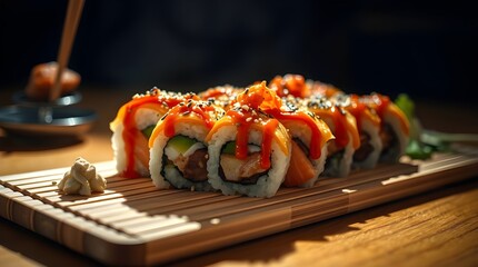 Fresh Japanese salmon sushi rolls, a gourmet seafood meal or appetizer on a white plate.	