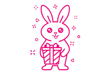Fuchsia line art shows rabbit holding present surrounded by geometric shapes on white