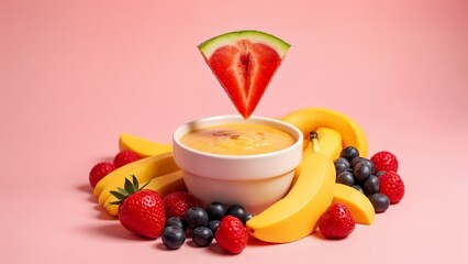 A bowl of fruit with a slice of watermelon sticking out of it.