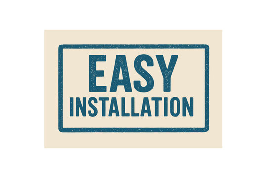 Rectangular badge EASY INSTALLATION bold condensed letters blue tone ink print vintage layout