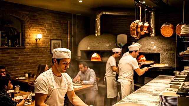 Pizza chef tossing dough in a busy Italian restaurant kitchen.