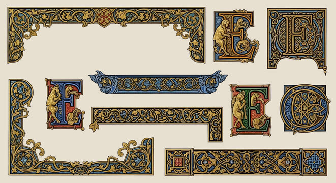 Medieval Illuminated Manuscript Vector Border Collection - Gothic Botanical and Gold Leaf Elements