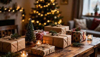 Rustic Christmas presents and candles on a wooden table. Festive holiday scene with a warm, magical bokeh lights background