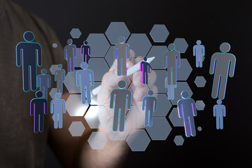 Abstract network of people icons with connections, digital social network concept on a dark background. Great f