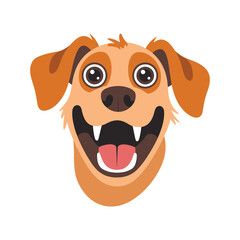 A happy cartoon dog face with big eyes and a wide open mouth showing teeth and tongue puppy canine vector illustration.
